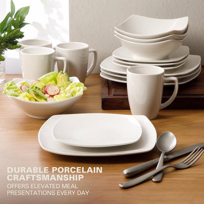 16 Pieces - White Square Porcelain Dinnerware Set - Service for 4 FastFurnishings