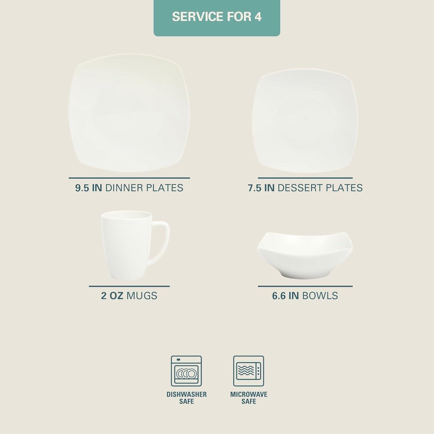 16 Pieces - White Square Porcelain Dinnerware Set - Service for 4 FastFurnishings