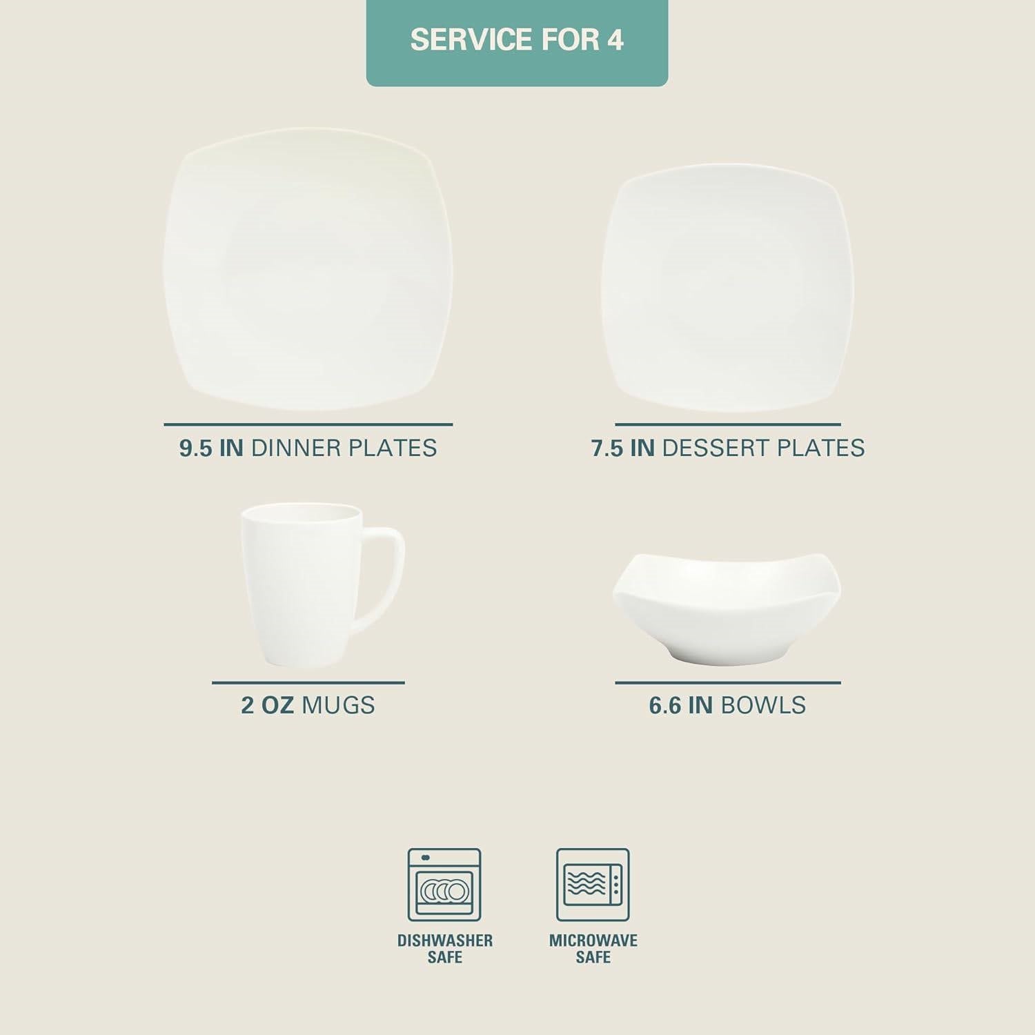 16 Pieces - White Square Porcelain Dinnerware Set - Service for 4 FastFurnishings