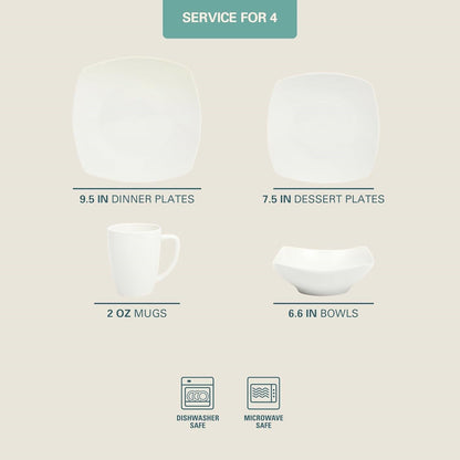 16 Pieces - White Square Porcelain Dinnerware Set - Service for 4 FastFurnishings