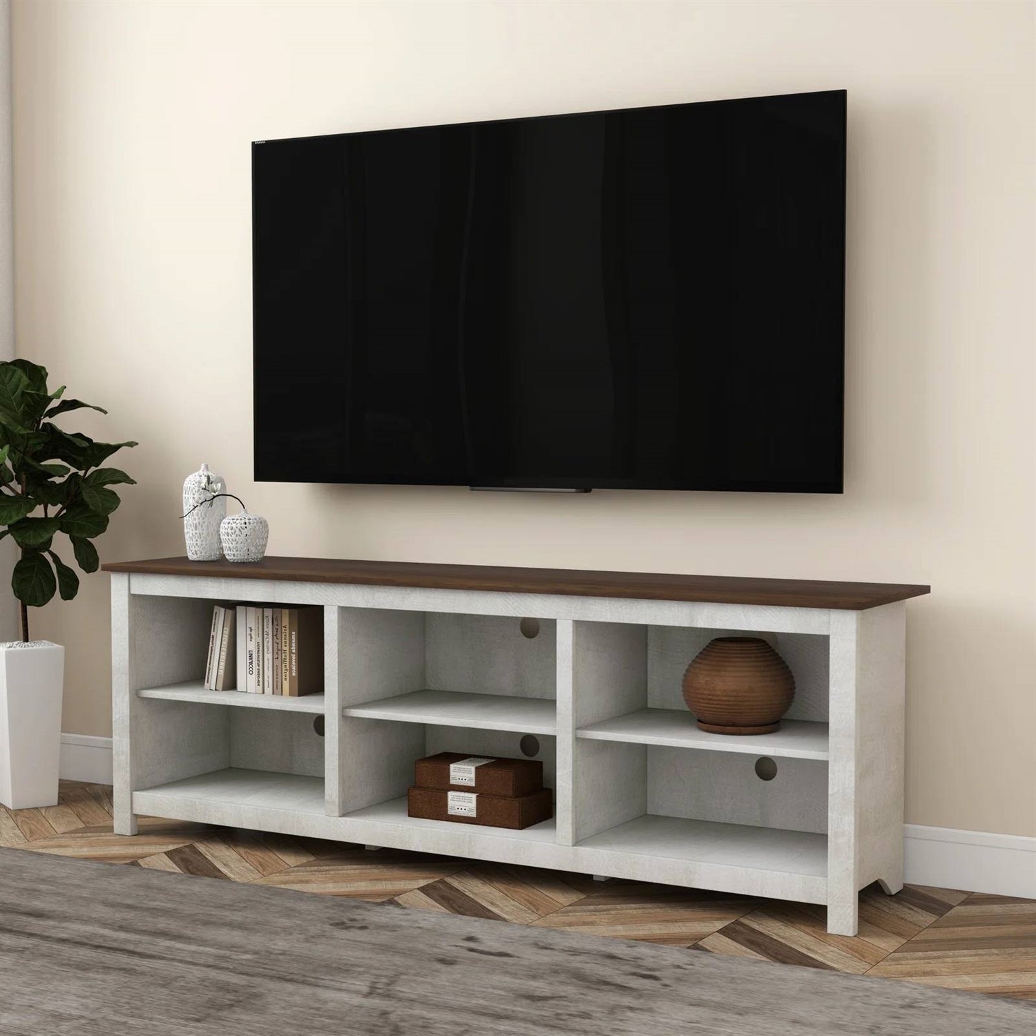 Farmhouse TV Stand in Grey Oak with Brown Wood Finish Top for TVs up to 70-inch FastFurnishings
