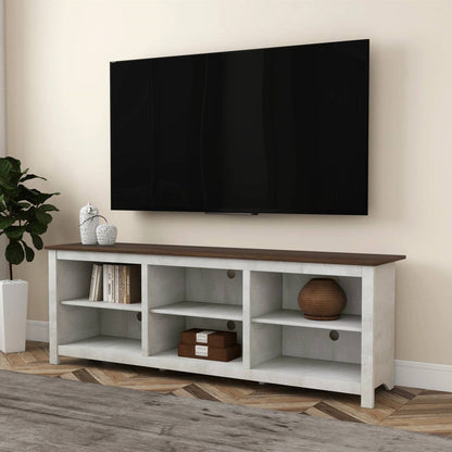 Farmhouse TV Stand in Grey Oak with Brown Wood Finish Top for TVs up to 70-inch FastFurnishings