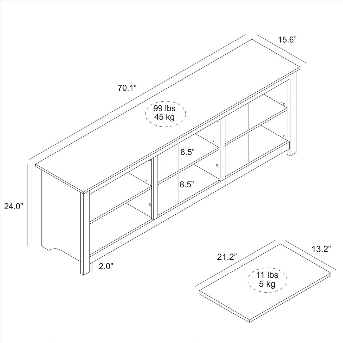 Farmhouse TV Stand in Grey Oak with Brown Wood Finish Top for TVs up to 70-inch FastFurnishings