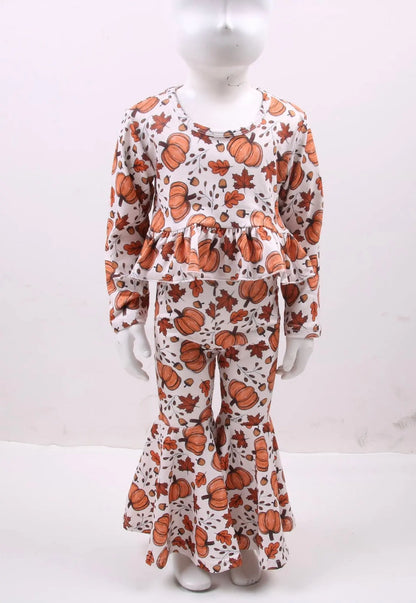 Pumpkin & leaves high waisted ruffle bell set Leopardbaby Boutique