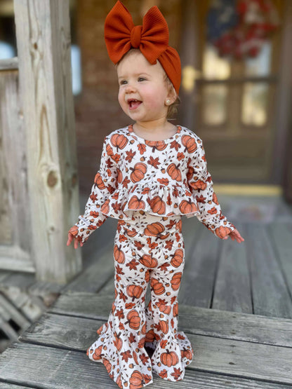 Pumpkin & leaves high waisted ruffle bell set Leopardbaby Boutique