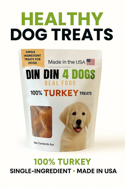 100% Turkey Dog Treats, 5 Ounce Bag, Single Ingredient, High Protein Din Din 4 Dogs