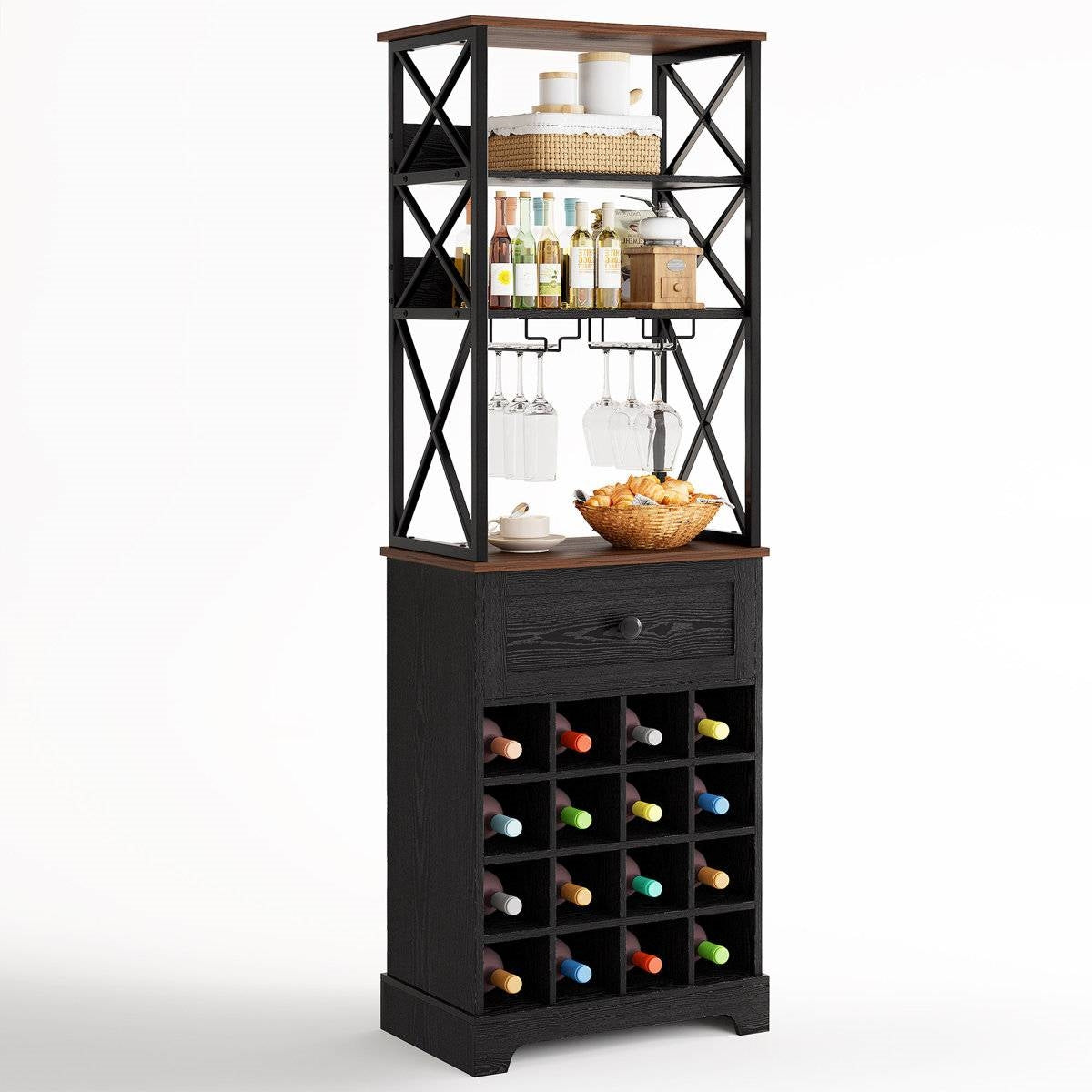 Black/Brown Wine Rack Kitchen Bar Storage Cabinet Shelf with Glass Holders FastFurnishings