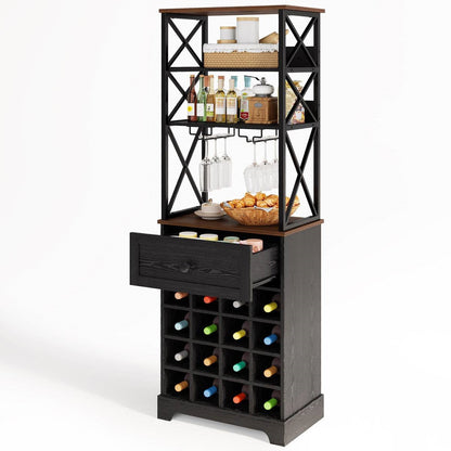 Black/Brown Wine Rack Kitchen Bar Storage Cabinet Shelf with Glass Holders FastFurnishings