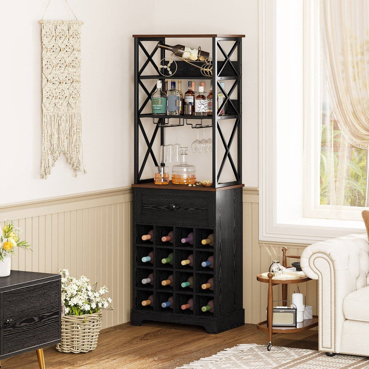 Black/Brown Wine Rack Kitchen Bar Storage Cabinet Shelf with Glass Holders FastFurnishings