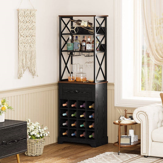 Black/Brown Wine Rack Kitchen Bar Storage Cabinet Shelf with Glass Holders FastFurnishings