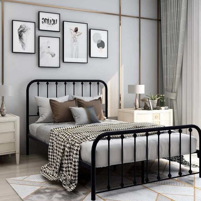 Full size Classic Black Metal Bed Frame with Slatted Headboard and Footboard FastFurnishings