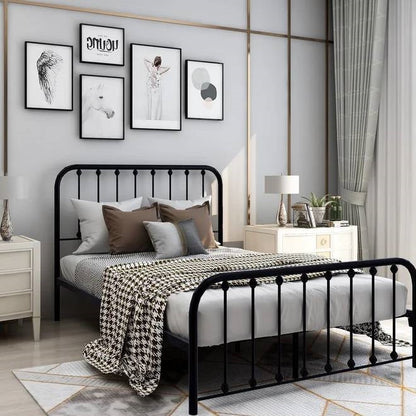 Full size Classic Black Metal Bed Frame with Slatted Headboard and Footboard FastFurnishings