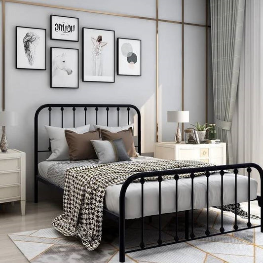 Full size Classic Black Metal Bed Frame with Slatted Headboard and Footboard FastFurnishings
