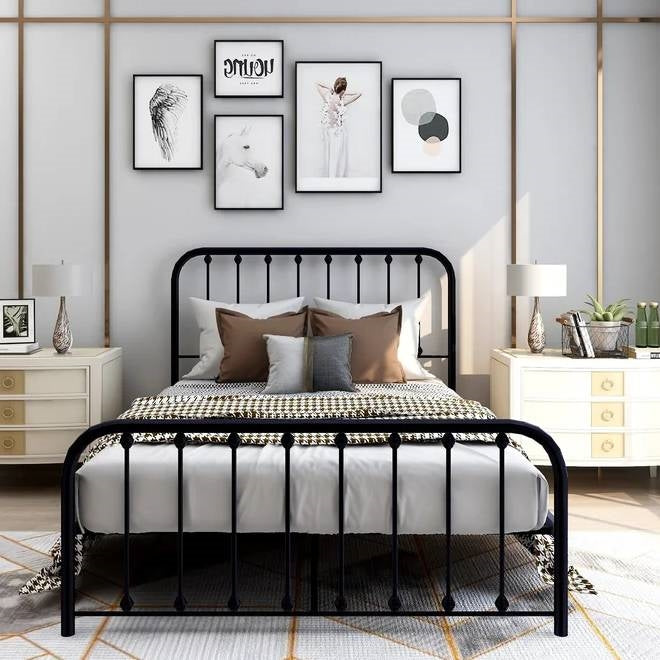 Full size Classic Black Metal Bed Frame with Slatted Headboard and Footboard FastFurnishings