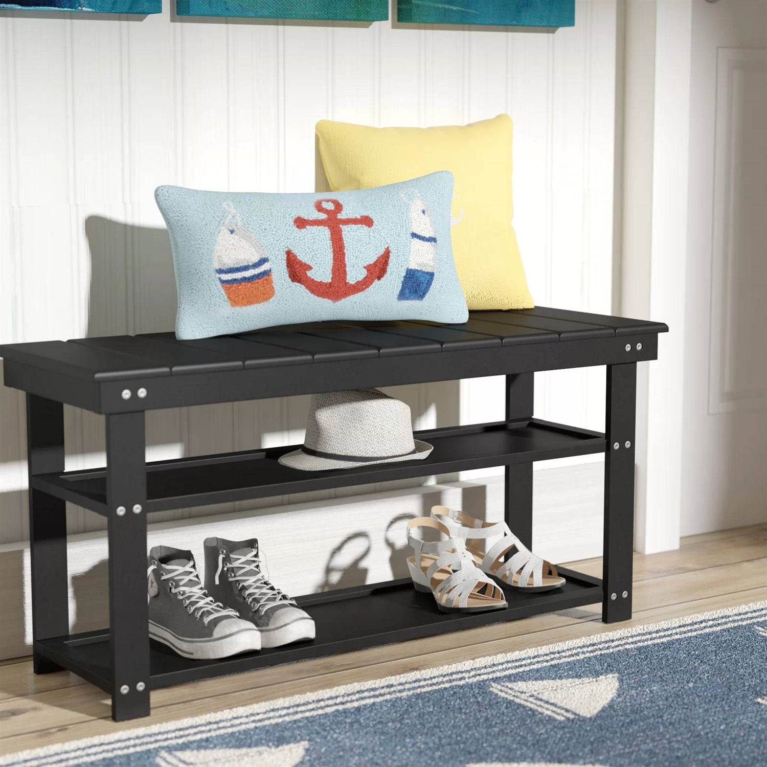Black Wooden 2-Shelf Shoe Rack Storage Bench for Entryway or Closet FastFurnishings