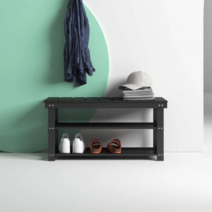 Black Wooden 2-Shelf Shoe Rack Storage Bench for Entryway or Closet FastFurnishings