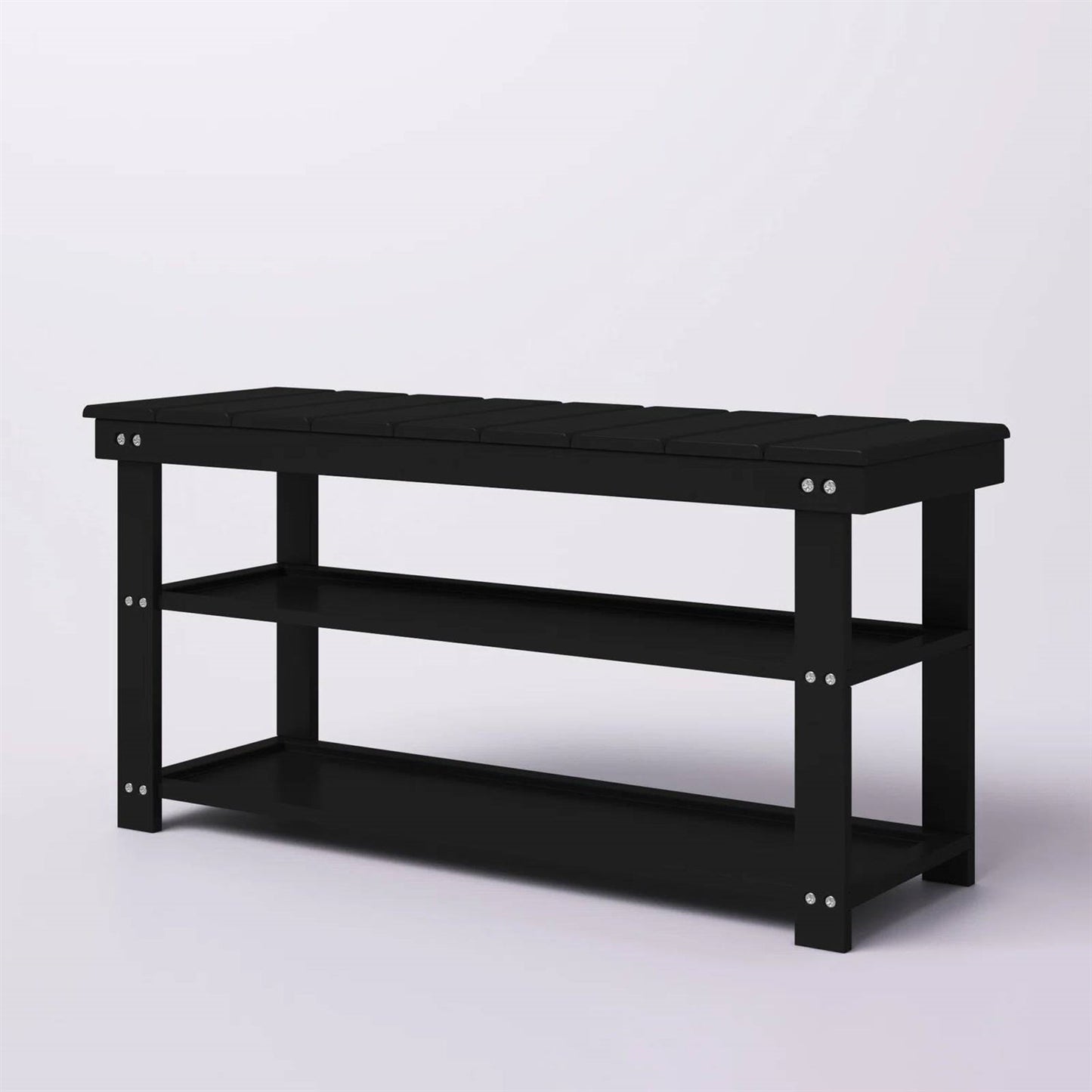 Black Wooden 2-Shelf Shoe Rack Storage Bench for Entryway or Closet FastFurnishings