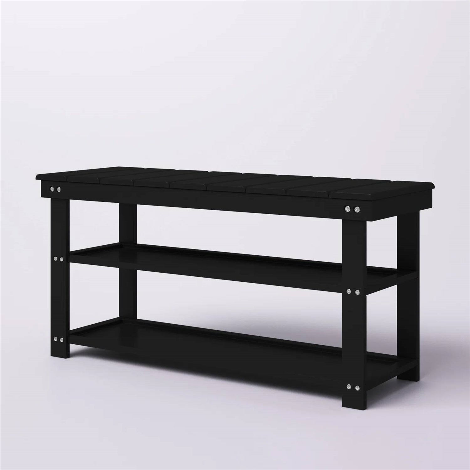 Black Wooden 2-Shelf Shoe Rack Storage Bench for Entryway or Closet FastFurnishings