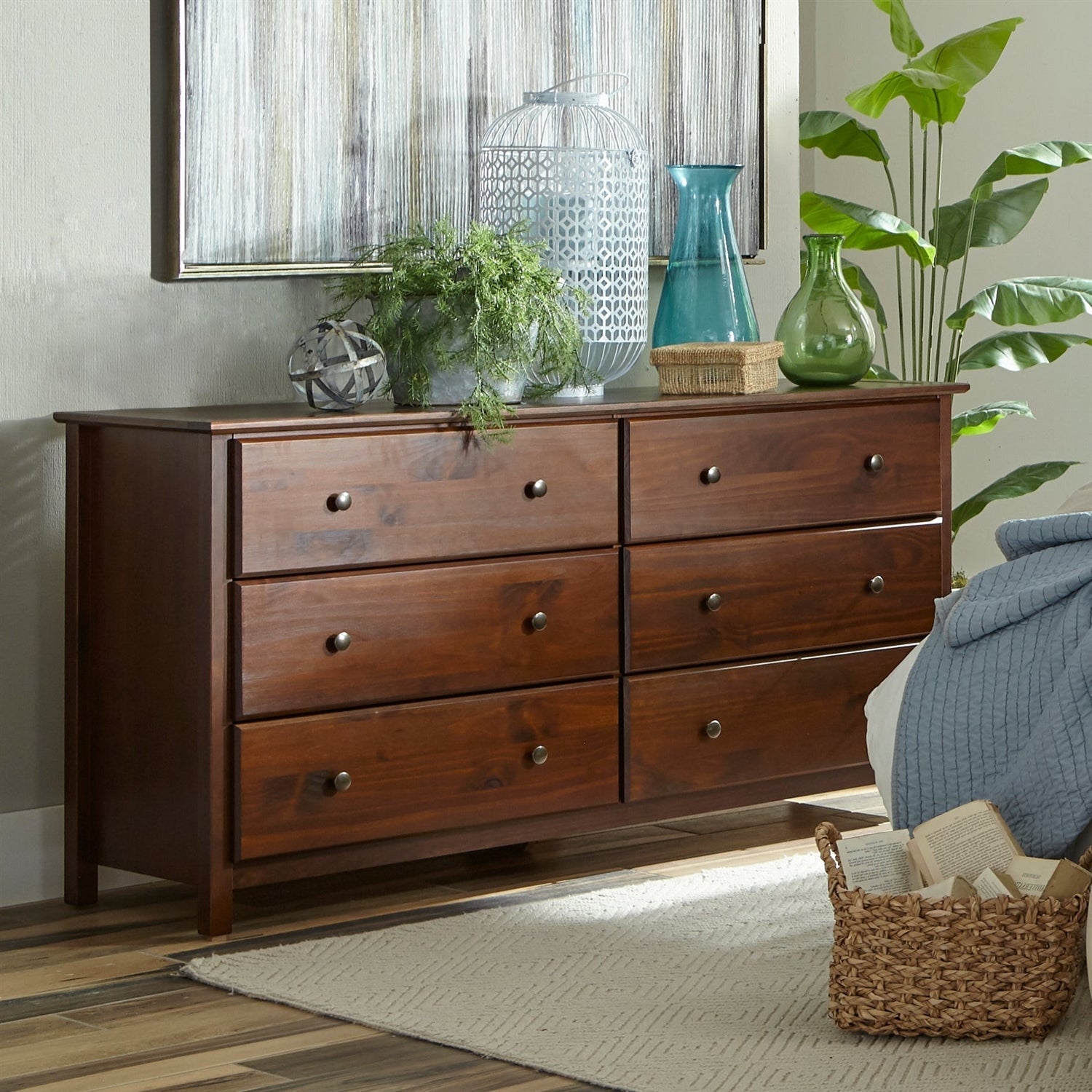 Farmhouse Solid Pine Wood 6 Drawer Dresser in Cherry Finish FastFurnishings