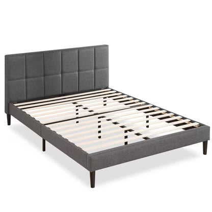 Full size Grey Upholstered Platform Bed Frame with Padded Headboard FastFurnishings