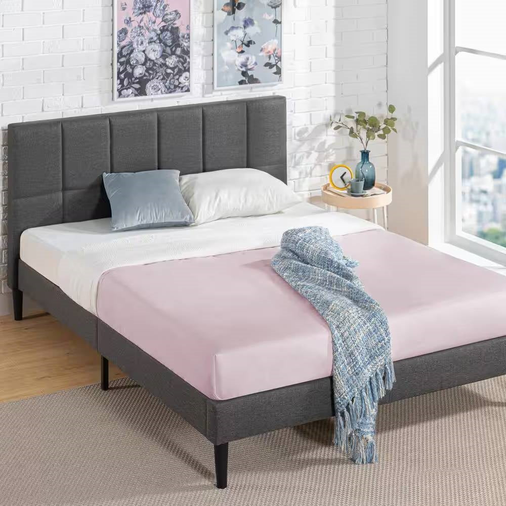 Full size Grey Upholstered Platform Bed Frame with Padded Headboard FastFurnishings