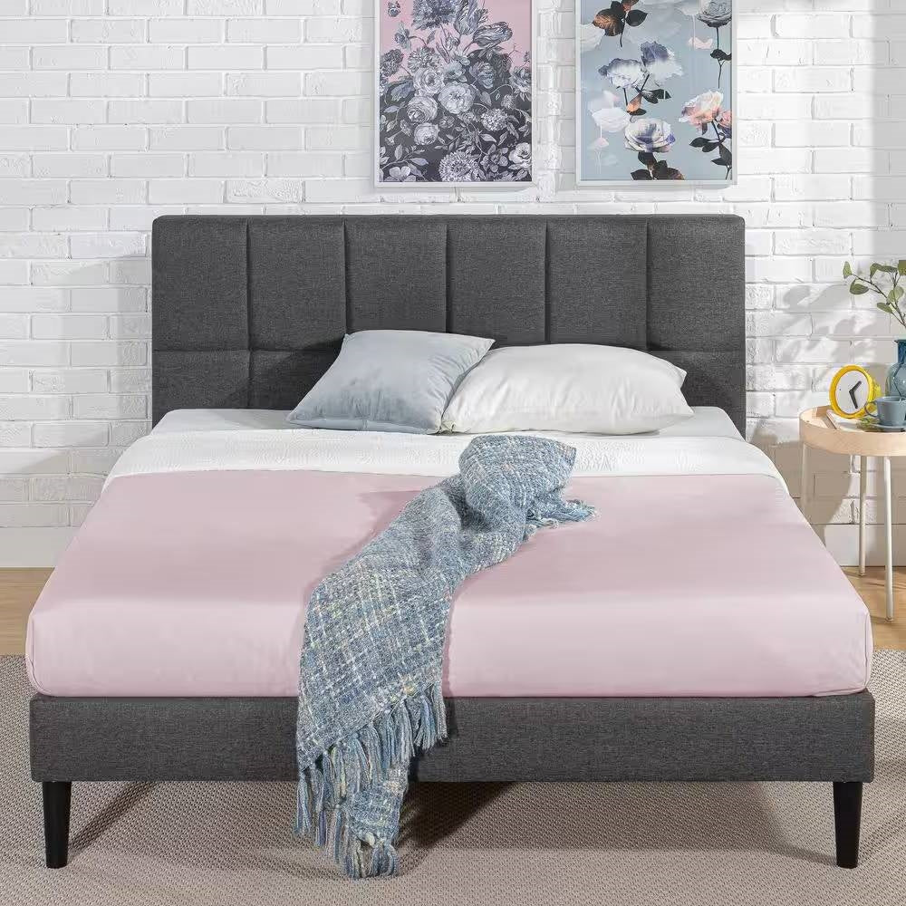 Full size Grey Upholstered Platform Bed Frame with Padded Headboard FastFurnishings