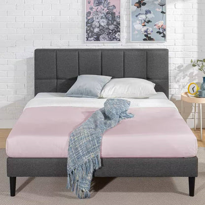 Full size Grey Upholstered Platform Bed Frame with Padded Headboard FastFurnishings