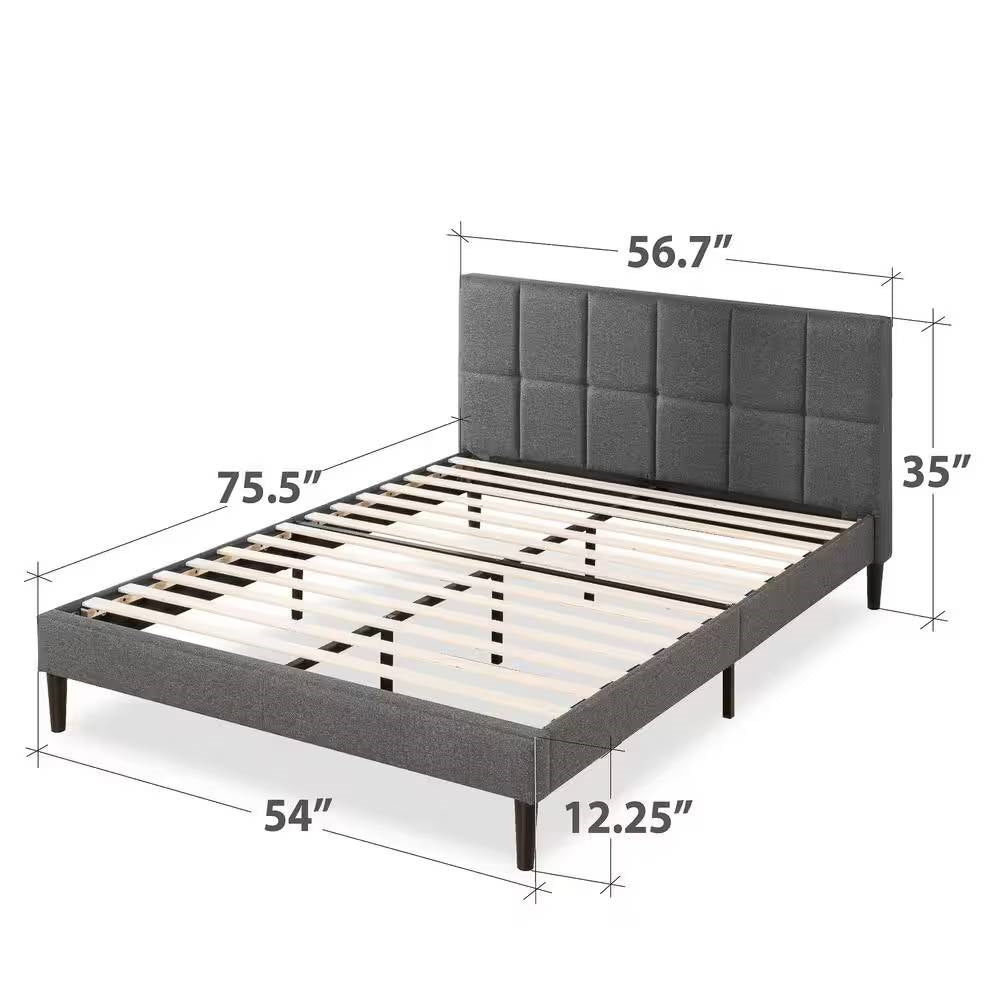Full size Grey Upholstered Platform Bed Frame with Padded Headboard FastFurnishings