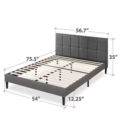 Full size Grey Upholstered Platform Bed Frame with Padded Headboard FastFurnishings