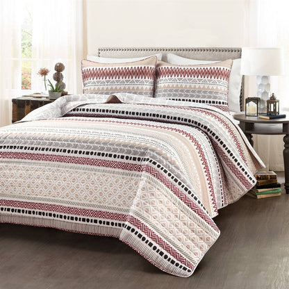 Full/Queen Lightweight Rustic Red Chevron Stripe Reversible 3 Piece Quilt Set FastFurnishings