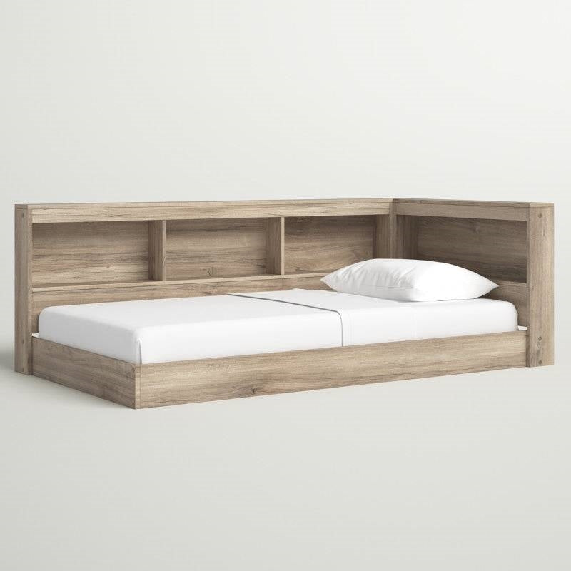 Full size Natural Wood Corner Storage Bed with Bookcase Headboard and USB Ports FastFurnishings