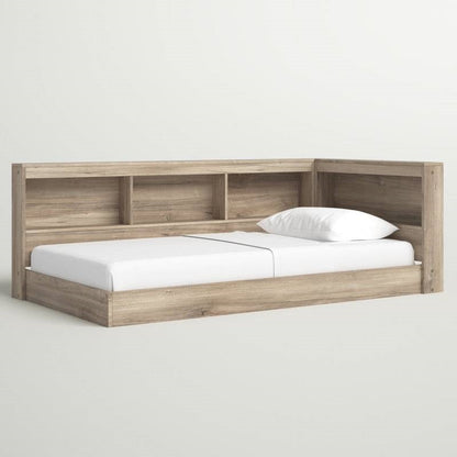 Full size Natural Wood Corner Storage Bed with Bookcase Headboard and USB Ports FastFurnishings