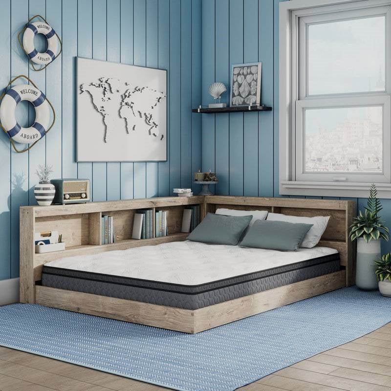 Full size Natural Wood Corner Storage Bed with Bookcase Headboard and USB Ports FastFurnishings