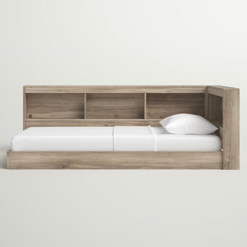 Full size Natural Wood Corner Storage Bed with Bookcase Headboard and USB Ports FastFurnishings