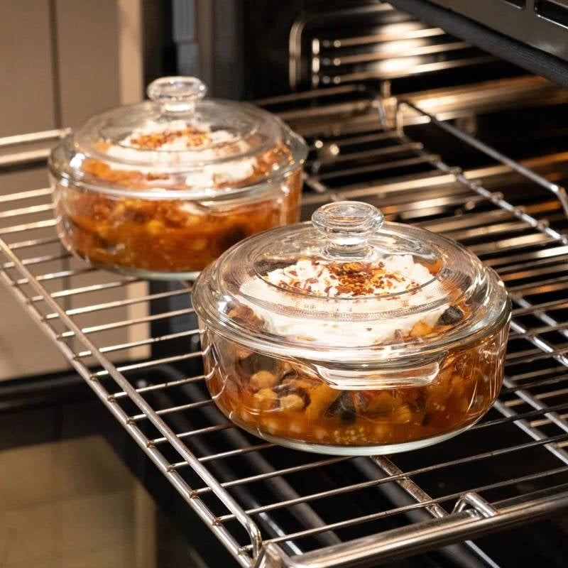 Set of 2 - 1-Quart Glass Dutch Oven Casserole Bakeware Baking Dishes with Lids FastFurnishings