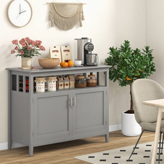 Grey Wood 2-Door Dining Buffet Sideboard Cabinet with Open Storage Shelf FastFurnishings
