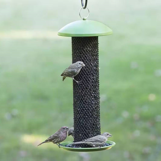Outdoor Metal Mesh Tube Hanging Bird Feeder with Green Top and Perch FastFurnishings