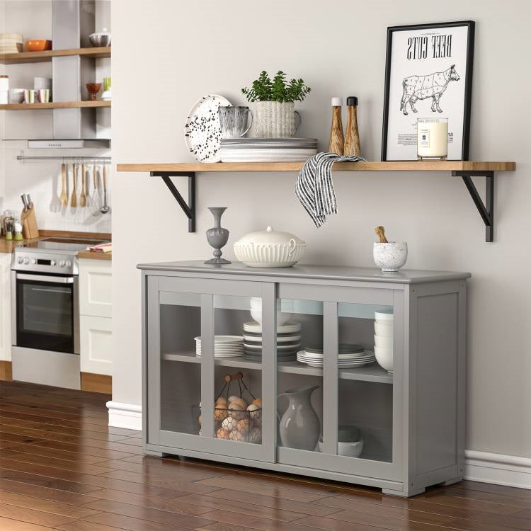 Grey Wood Buffet Kitchen Dining Sideboard Storage Cabinet w/ Glass Sliding Door FastFurnishings