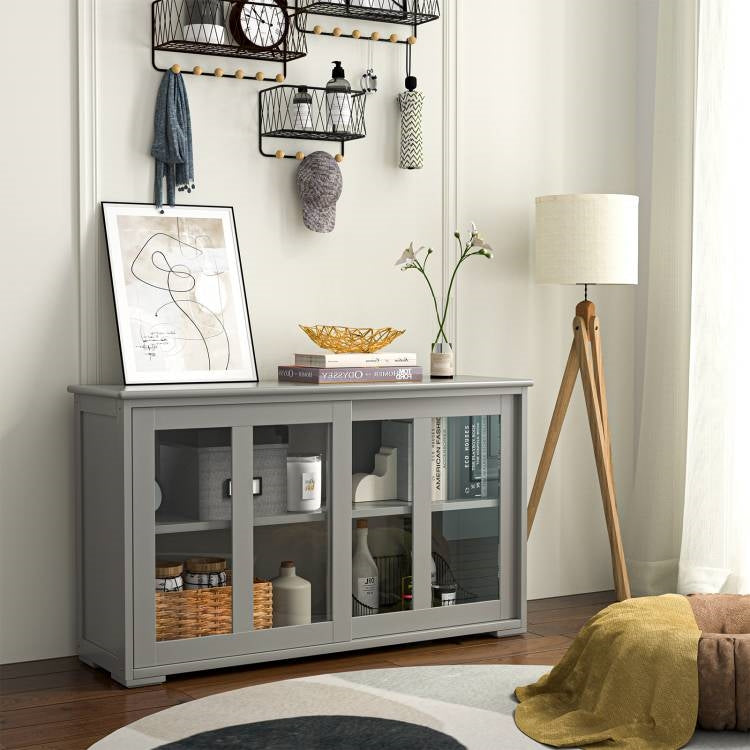 Grey Wood Buffet Kitchen Dining Sideboard Storage Cabinet w/ Glass Sliding Door FastFurnishings