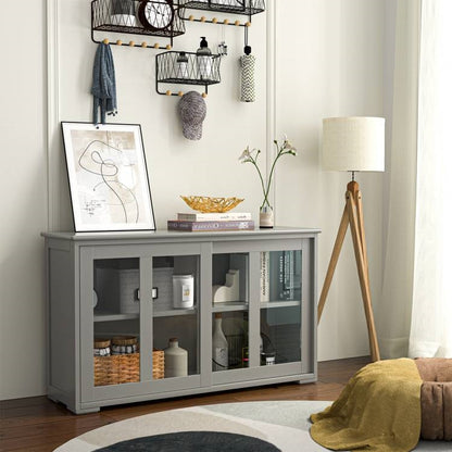 Grey Wood Buffet Kitchen Dining Sideboard Storage Cabinet w/ Glass Sliding Door FastFurnishings
