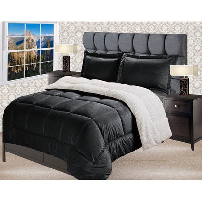 Twin Size 2 Piece Ultra Soft Sherpa Wrinkle Resistant Comforter Set in Black FastFurnishings