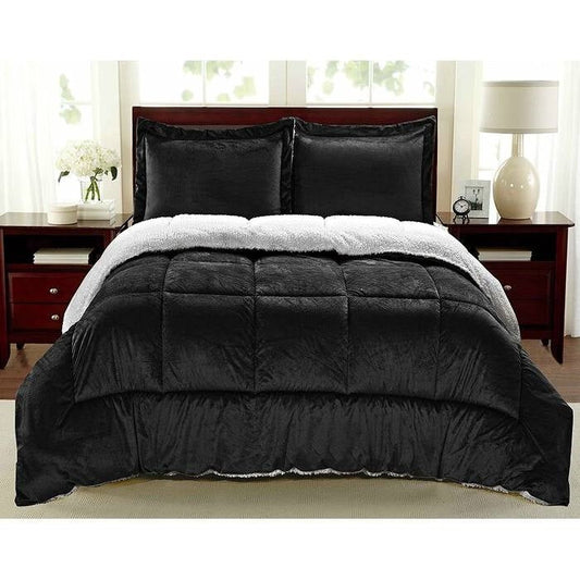 Twin Size 2 Piece Ultra Soft Sherpa Wrinkle Resistant Comforter Set in Black FastFurnishings