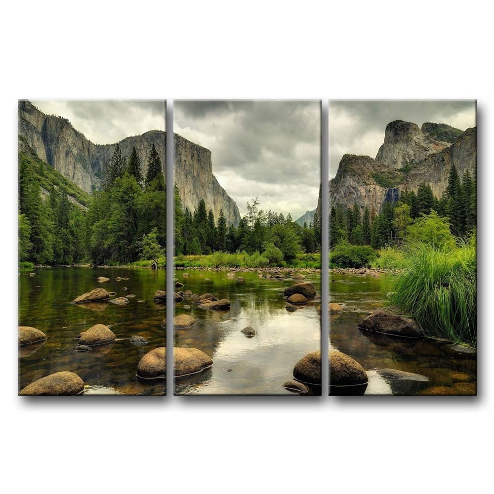 Yosemite Mountain Stream 3-Piece Wall Art Framed Print on Canvas FastFurnishings