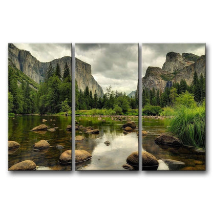 Yosemite Mountain Stream 3-Piece Wall Art Framed Print on Canvas FastFurnishings