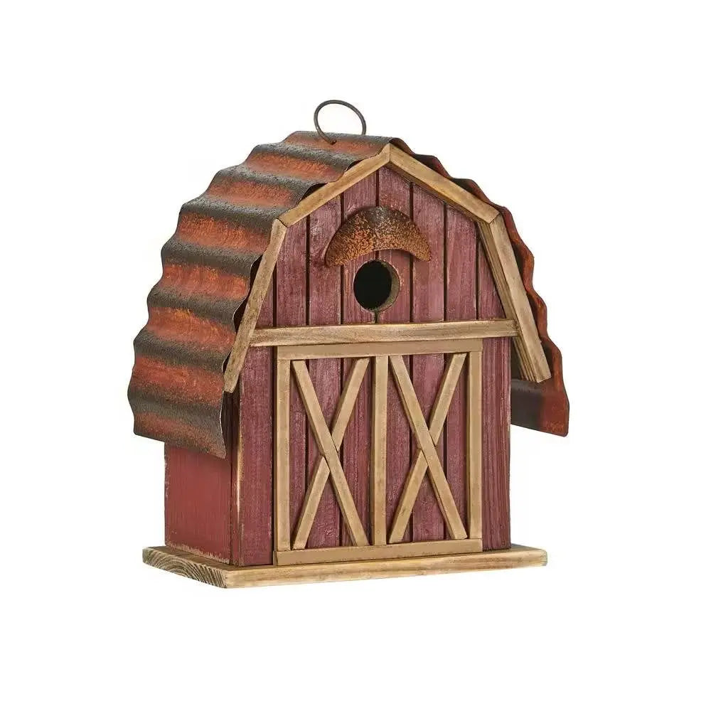 Outdoor Red Wood and Metal Barn Style Hanging Bird House FastFurnishings