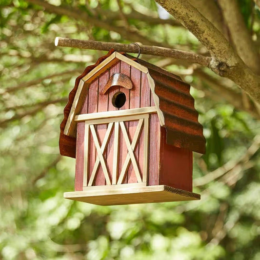 Outdoor Red Wood and Metal Barn Style Hanging Bird House FastFurnishings
