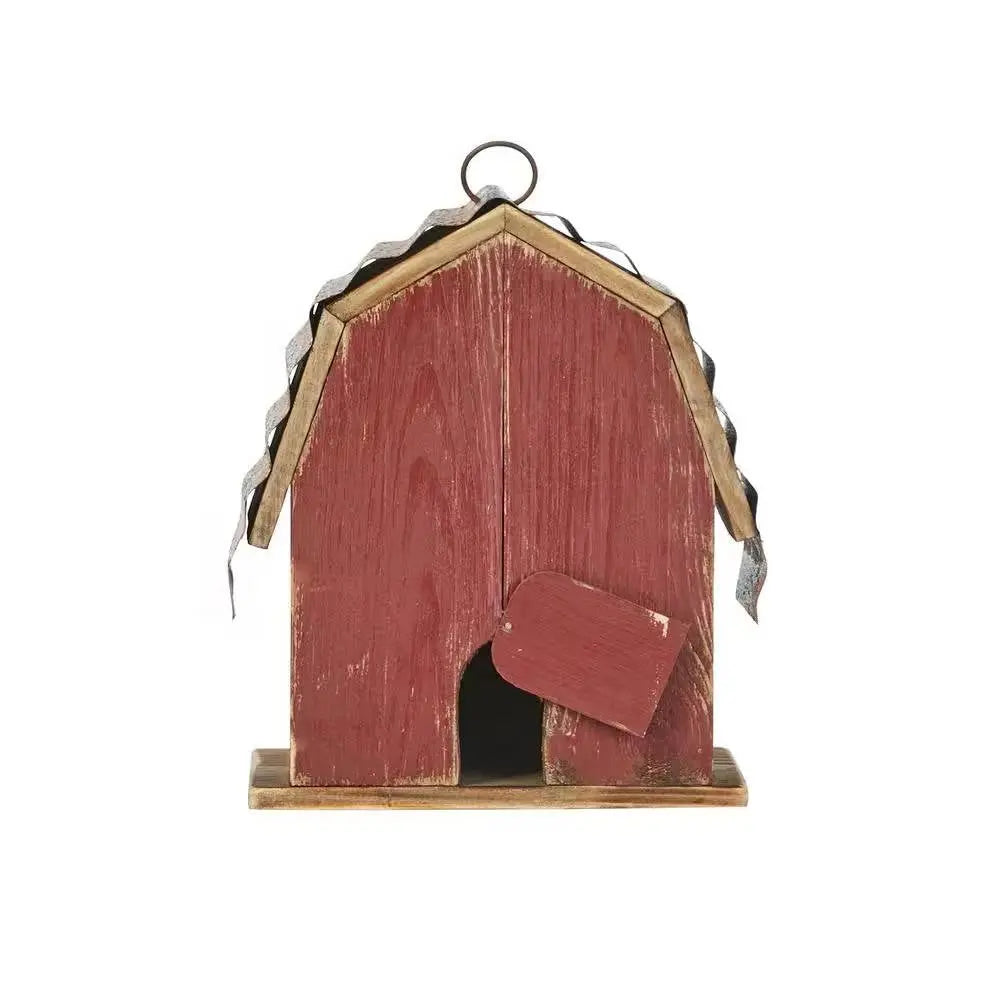 Outdoor Red Wood and Metal Barn Style Hanging Bird House FastFurnishings