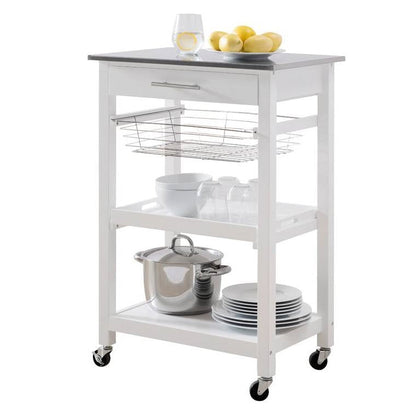 White Stainless Steel Top Kitchen Cart with Drawer and Storage Shelves FastFurnishings
