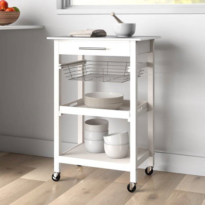 White Stainless Steel Top Kitchen Cart with Drawer and Storage Shelves FastFurnishings