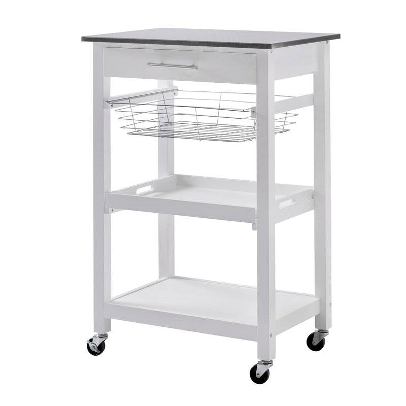 White Stainless Steel Top Kitchen Cart with Drawer and Storage Shelves FastFurnishings